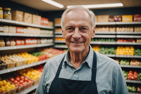 Close portrait of a smiling senior German male grocer standing and looking at the camera, German grocery store blurred background