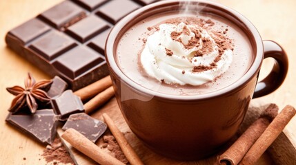 A steaming hot chocolate in a brown mug topped with whipped cream, accompanied by cinnamon sticks on a wooden table