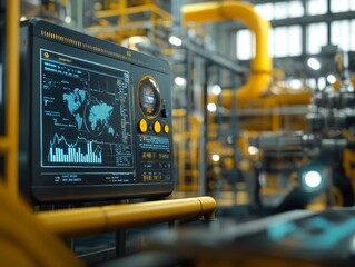 Industrial machine close up with digital readouts amidst yellow pipes and modern laptop contrast