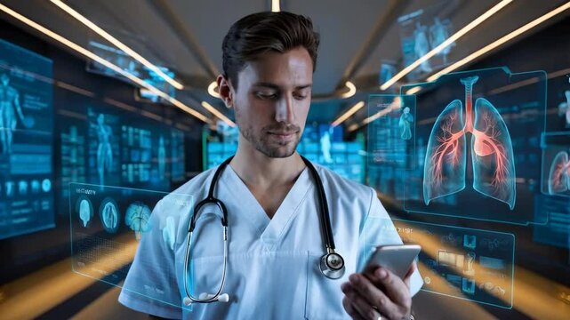 A healthcare professional reviewing data on a smartphone in a high-tech medical environment.