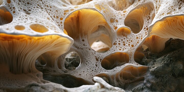Abstract mushroom forms rendered with flowing, liquid-like textures, dynamic design,