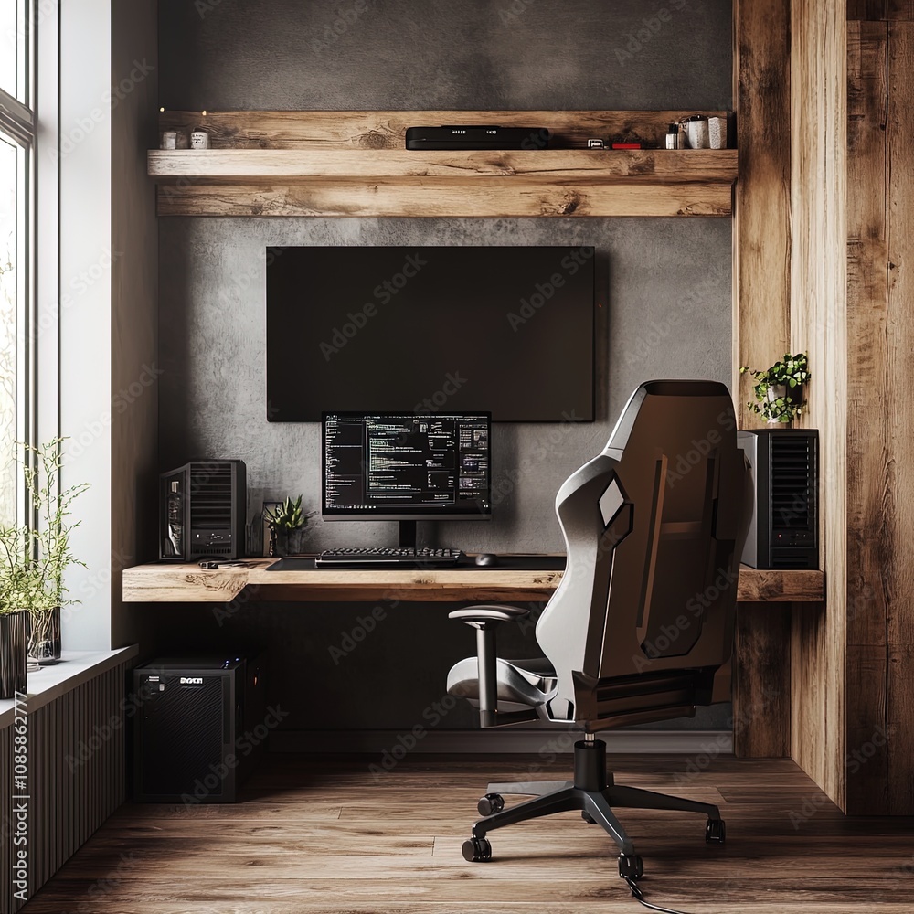 Wall mural empty gamer room with computer showing code on monitor