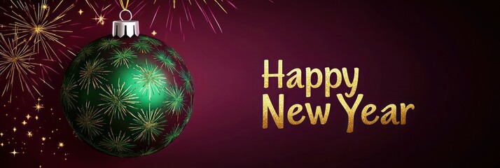 Deep burgundy background with a Christmas ornament in negative space, filled with vibrant emerald green and gold starburst pattern, with the phrase "Happy New Year" in bold gold typography