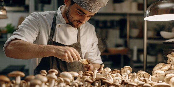 Chef preparing gourmet mushroom dishes in a high-end kitchen, elegant plating,