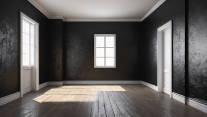 Grunge style room, rough black walls, empty room with white windows and doors, wooden floor. Sunlight shines in from the left side.