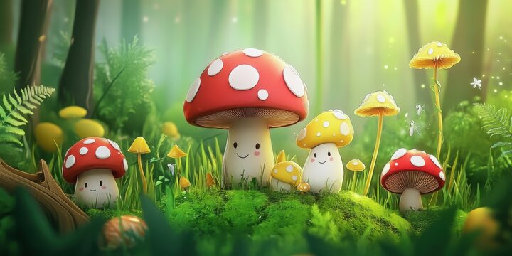 Cute cartoon-style mushroom characters in a vibrant forest setting, playful and marketable,