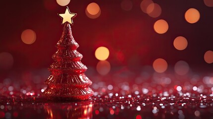 Christmas tree figurine with gold star on top made of glass on background with bokeh effect and glitter. Illustration for cover, card, postcard, banner, poster, brochure or presentation.