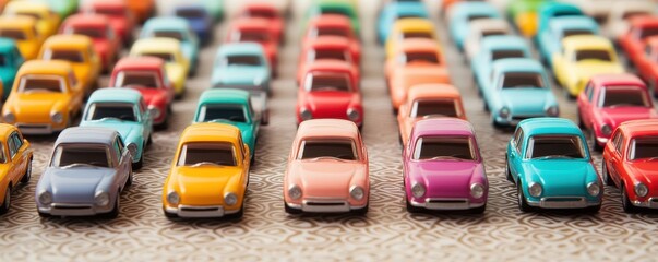 Obraz premium Colorful toy cars arranged in neat rows.