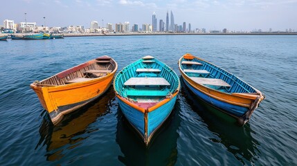 Obraz premium Vibrant traditional boats at dubai creek scenic waterfront travel photography urban landscape aerial view cultural heritage