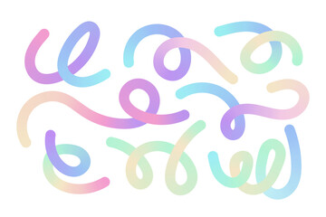 Set of Abstract Lines with Gradient texture. Wavy Line Shapes in pastel Colors. Fluid liquid squiggle Elements for Design. Funny rainbow ribbons