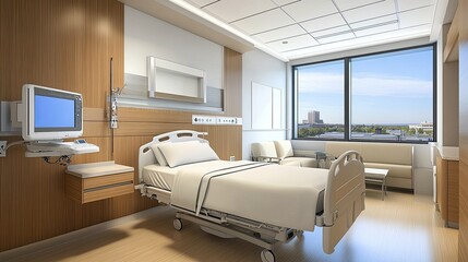 Modern luxury cosy hospital room with an empty bed for the patient and modern medical equipment. Private medical facility with professional services. Illustration for advertising, marketing, etc.