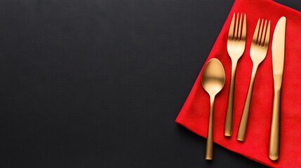 Elegant black table setting with golden cutlery and red napkin for a romantic dinner on Valentine's Day