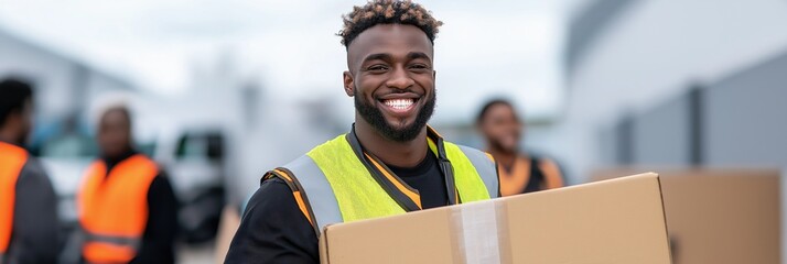 A man wearing a safety vest is smiling and holding a cardboard box. The scene appears to be a work environment, possibly a warehouse or a construction site