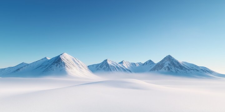 A mountain range is shown in the distance with a clear blue sky. The mountains are covered in snow and the sky is bright and clear. Concept of peace and tranquility
