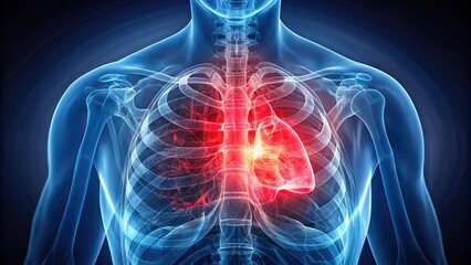 Close-up X-ray of lung with highlighted pulmonary embolism on dark gradient background