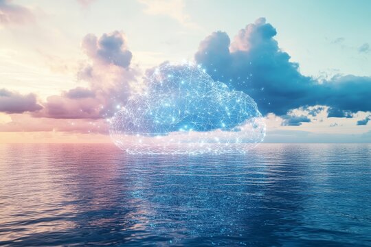 Abstract cloud computing growth visualization above a calm ocean representing digital transformation