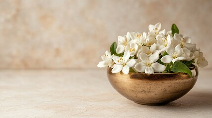Fresh jasmine flowers in a brass bowl, with natural textures, isolated on a light beige background