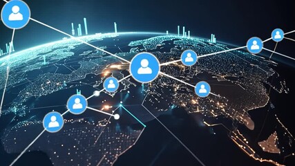 Global Network Connection: A futuristic digital illustration of a global network connecting people across the world, symbolizing communication, collaboration, and interconnectedness.  