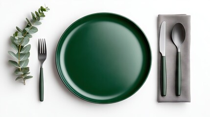 Elegant table setting with dark green plate and eucalyptus leaf decor, viewed from above in a bright, minimalistic space