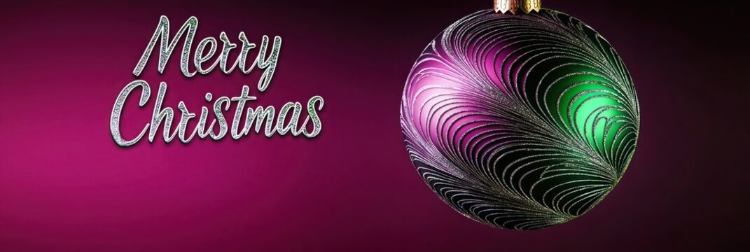 Deep magenta background with a Christmas ornament in negative space, filled with vibrant silver and emerald green wave patterns, with "Merry Christmas" in silver and green typography