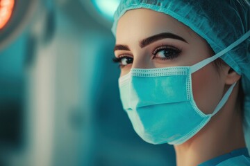 Female surgeon wearing surgical mask in operating room