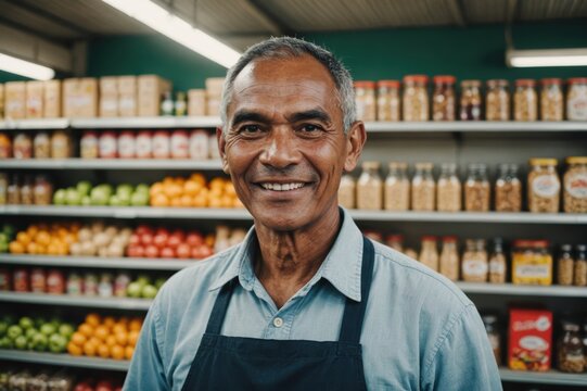 Close portrait of a smiling senior Kiribati male grocer standing and looking at the camera, Kiribati grocery store blurred background