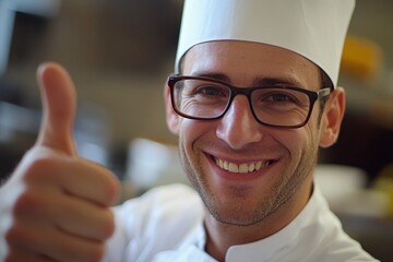 Smiling chef showing thumbs up in restaurant kitchen
