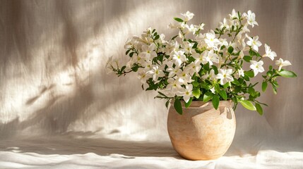 Fototapeta premium Rustic arrangement of jasmine flowers in a clay pot, with gentle shadows, isolated on a linen backdrop
