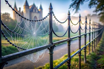 Obraz premium Cobweb with morning dew on castle fence