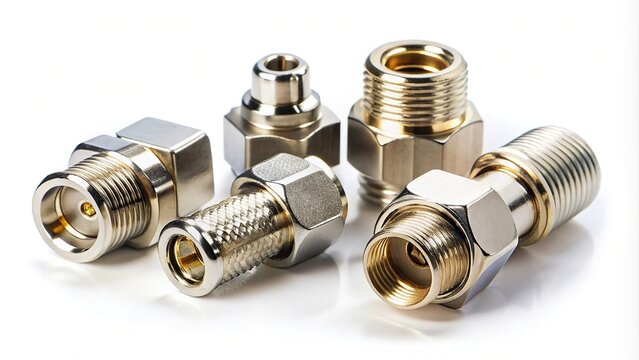 Coaxial connectors adapters and splitter isolated on white background