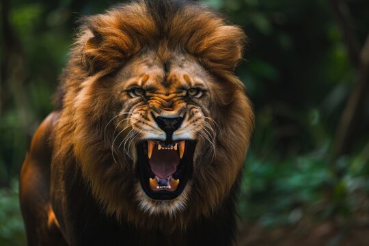 Powerful male lion roaring showing its teeth