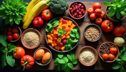 Colorful vegetable and fruit arrangement with herbs and grains on a wooden table copy space