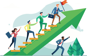 team climbing growth arrow with flag on transparent background.


