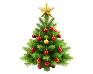 A christmas tree with star and ball on transparent background.