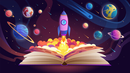 Open book with rocket launch and Solar system planets, comets in outer space background. Science or fiction story on paper pages for reading, spaceship flying in universe cartoon vector illustration © Flash Vector