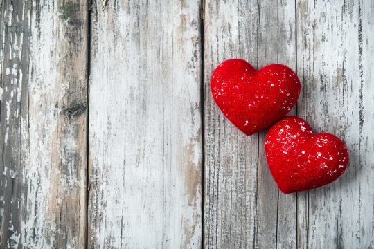 Valentine s day themed photograph featuring two red hearts on rustic wooden backdrop