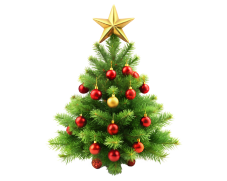 A christmas tree with star and ball on transparent background.