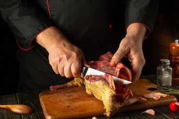In a cozy kitchen, a chef meticulously carves a succulent roasted duck on a wooden cutting board, showcasing culinary expertise and attention to detail