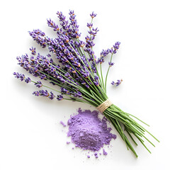 Lavender and a bunch of lavender powder on table on white background, front view