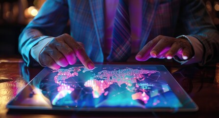 A Man's Hand Gesturing Over a World Map on a Tablet