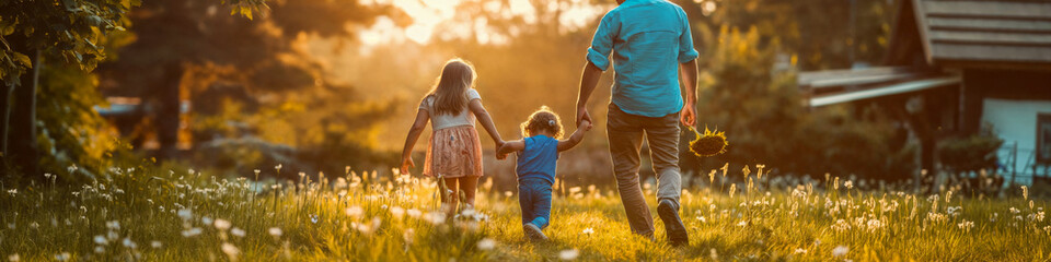 Fototapeta premium Happy family playing together in the garden. A young family spending time together outdoors in the yard