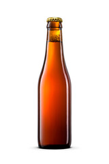 Amber small glass Belgian bottle of beer with a gold crown cap isolated. Transparent PNG image.