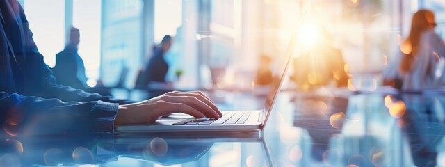 Businesswoman Working on Laptop in Modern Office with Blurred Background