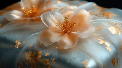 Detail of luxury gift wrapping with gold leaf accents and silk ribbon