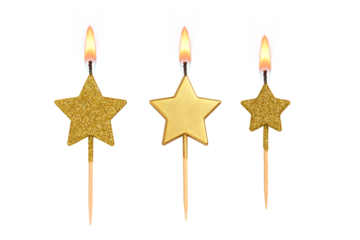 Golden decorated burning birthday candles shaped as star isolated. Transparent PNG image.