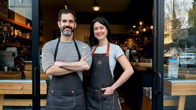 The image shows two people standing in front of a glass door, likely the entrance to a caf&eacute; or a small business. Both individuals are wearing aprons, suggesting they are employees or owners of the est
