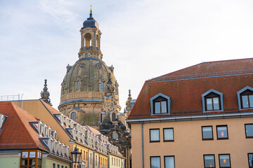 Obraz premium Low angle view of roofs and dome in historic centre of Dresden, Germany