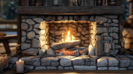 Fototapeta premium Rustic stone fireplace with glowing flames