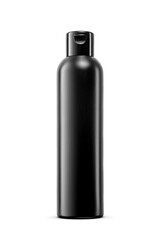 Black plastic cosmetics bottle with blank label isolated. Transparent PNG image.