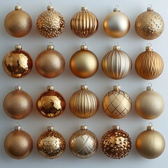 Collection of elegant gold Christmas ornaments with various textures and patterns on a white background, perfect for holiday decor, seasonal designs, and festive promotions.